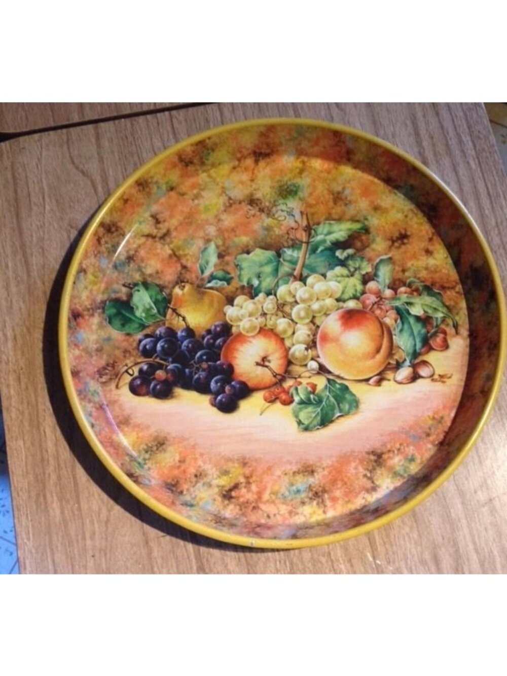 Vintage Daher England Serving Tray Metal Round Fruit Grapes Rimmed Sides